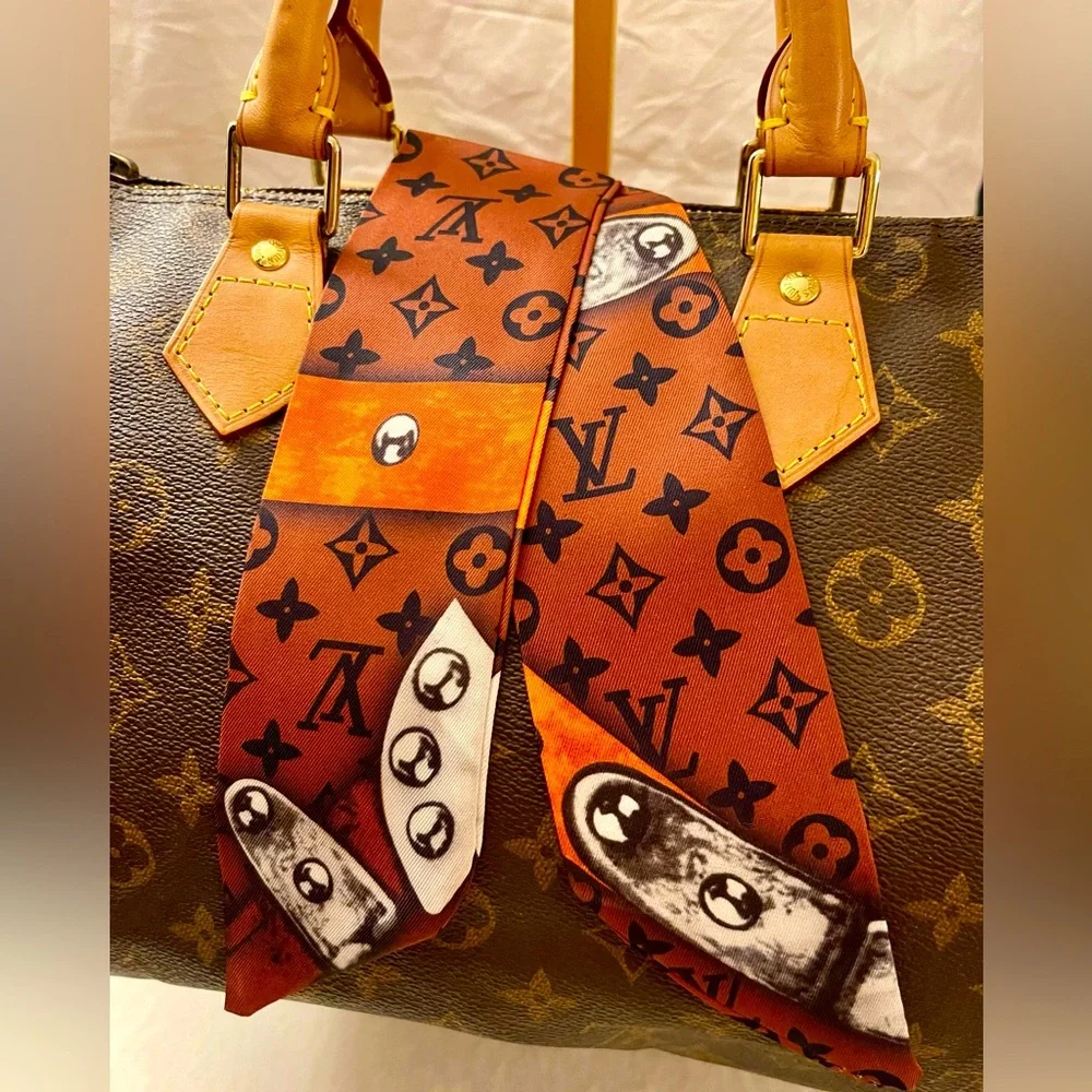 Orange Black Brown Monogram and Chains Print Twilly Bandeau Wrap Scarf - Picture 2 of 5